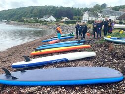 SUP boards lined up on Fortrose Beach, near harbour